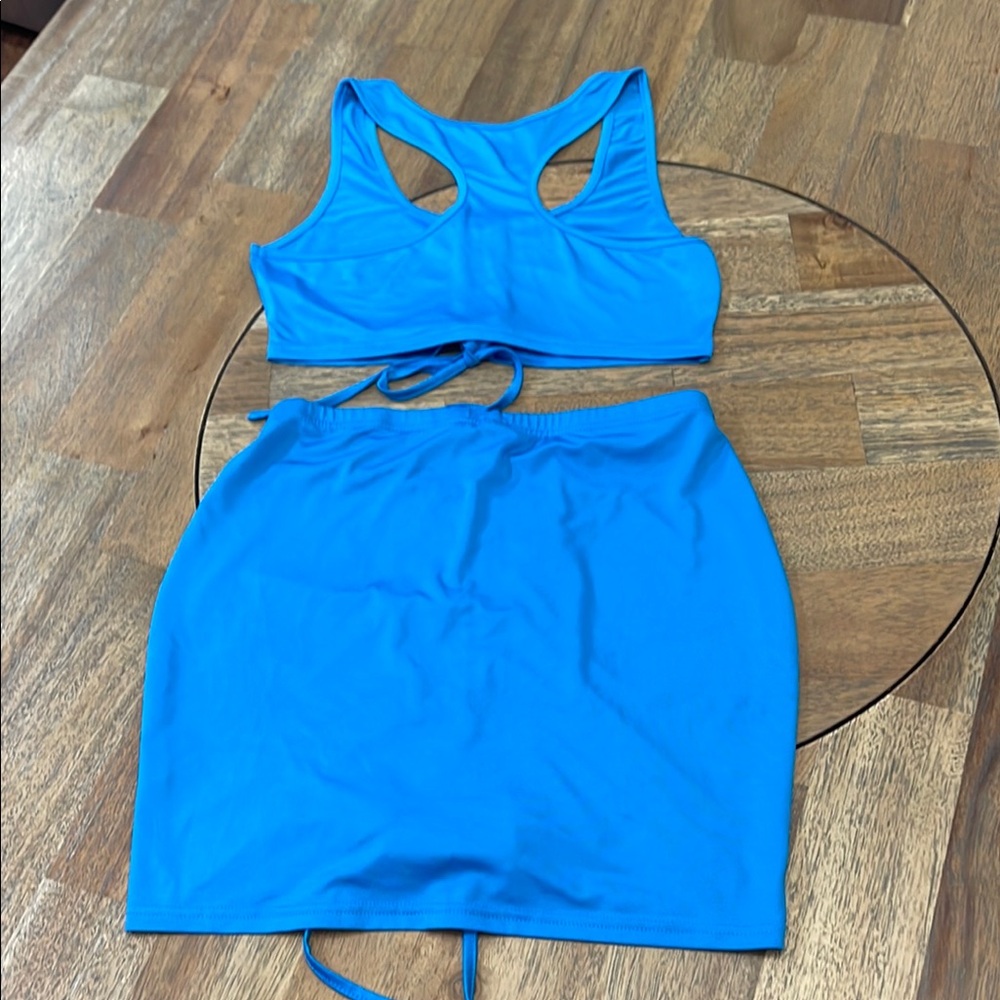SHEIN Blue Ruched Mini Skirt Set Two Piece Crop Top Summer Beach Medium - Picture 4 of 4